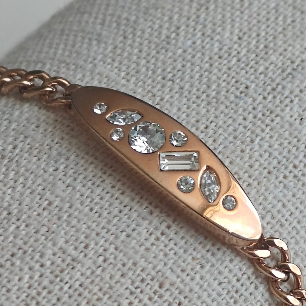 Rose Gold Tone Crystal Curb Chain Bracelet Inlaid Curved Bar Adjustable‎ Clasp